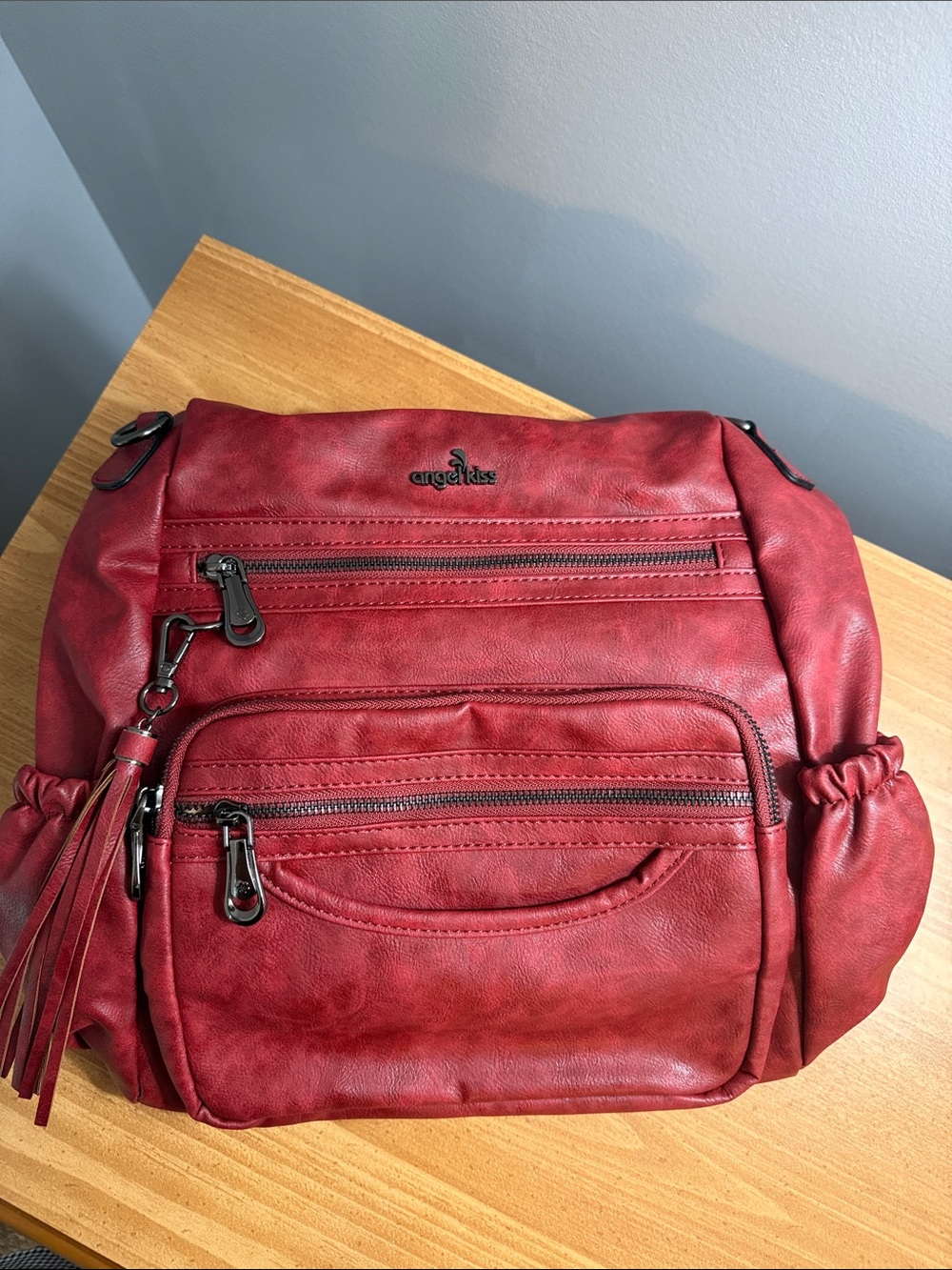 Angel Kiss Red Faux-Leather Crossbody Backpack with Tassel